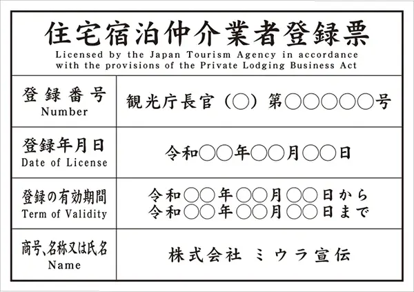 住宅宿泊仲介業者登録票 フォント 楷書体