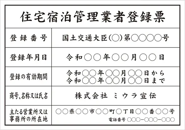 住宅宿泊管理業者登録票 フォント 楷書体